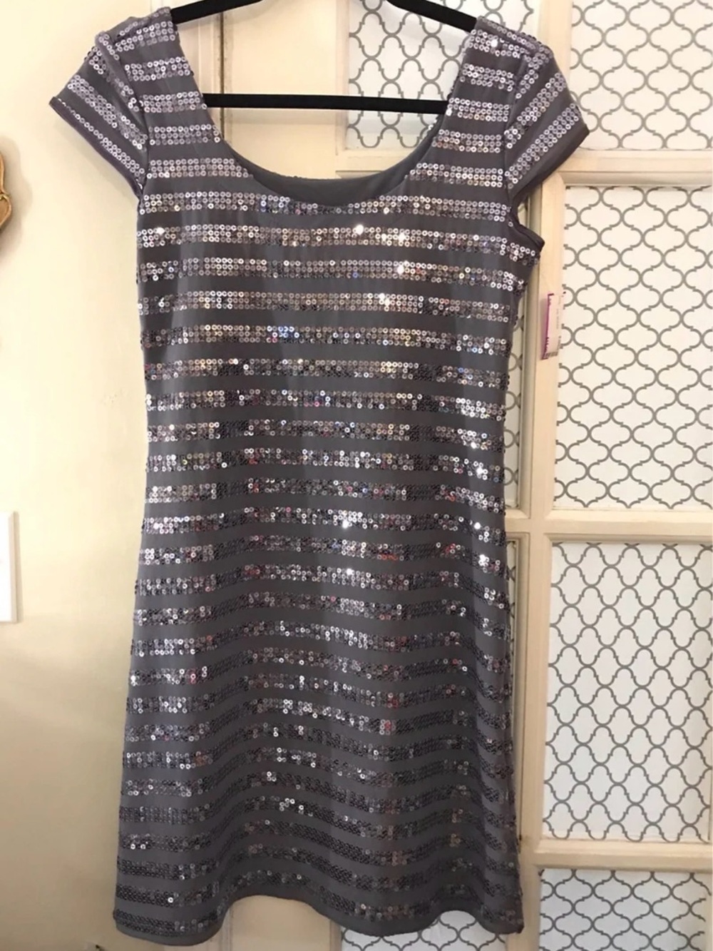 Vintage B Darlin Striped Metallic Silver Sequins Bodycon Mini Dress Semi Formal